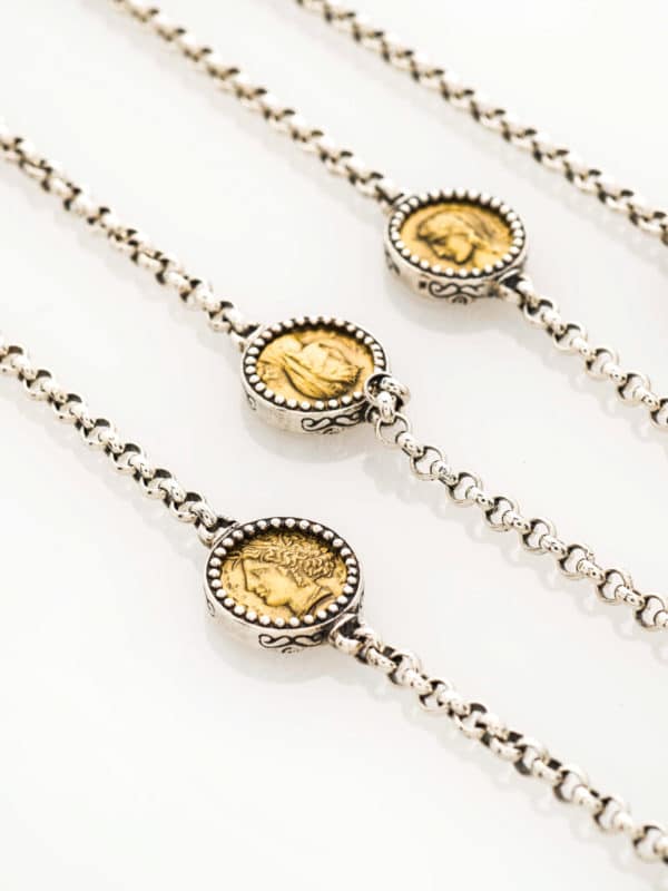 LONG NECKLACE WITH BRONZE COINS 36''
