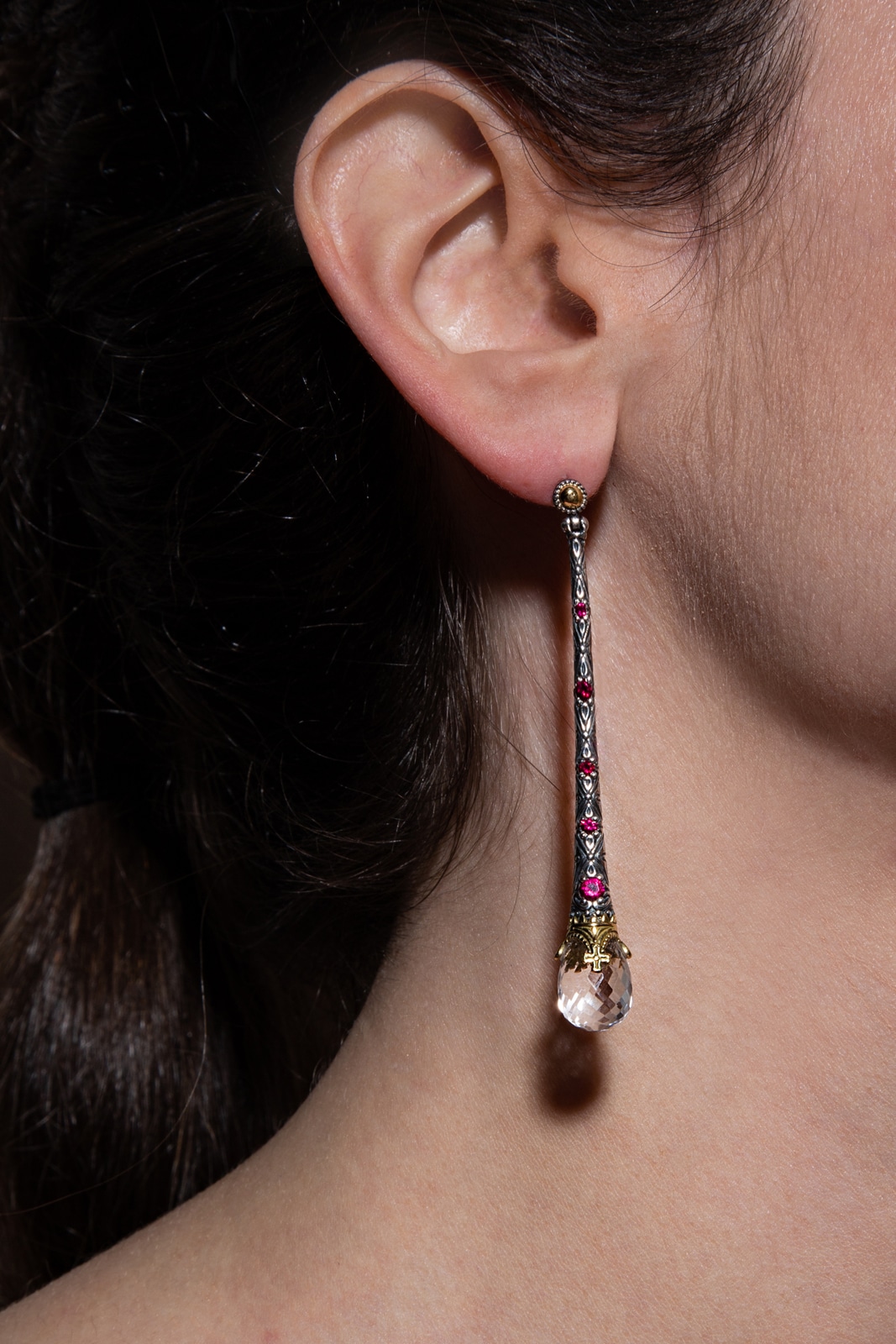 EARRINGS WITH CORUNDUM GEMSTONES AND CRYSTALS