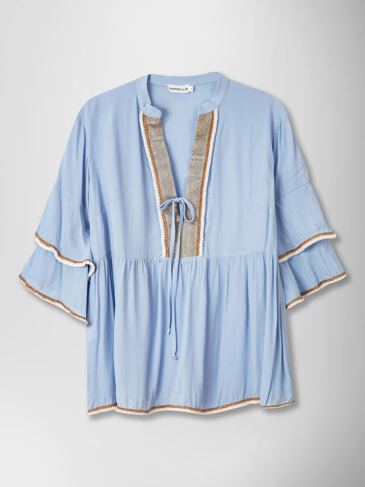 "PAPHIA" BLOUSE BLUE WITH GOLD FRILLS